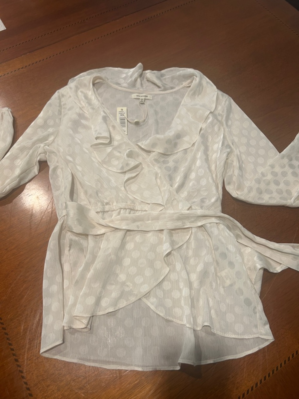 Max Studio polka dot sheer tie waist blouse